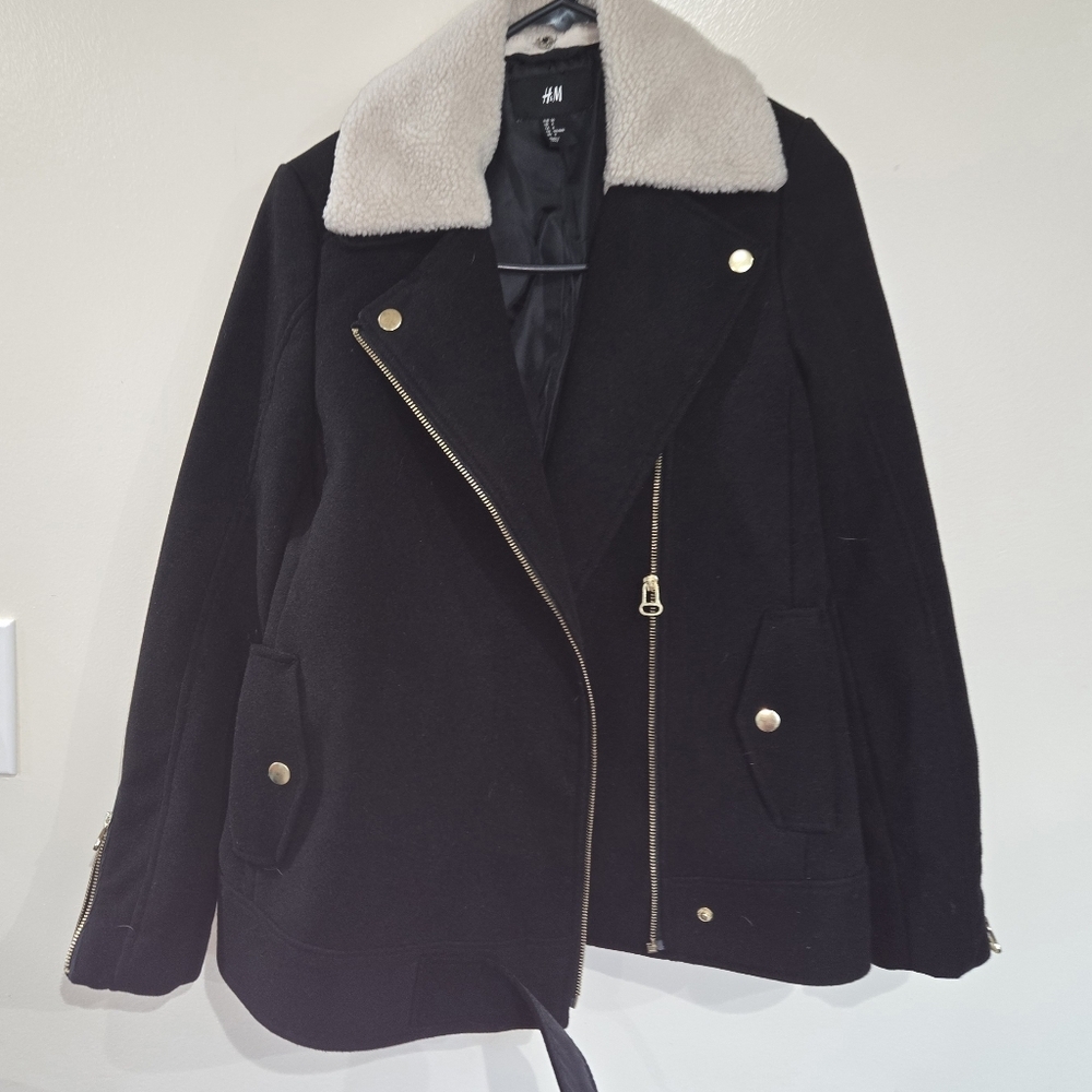 H&M Black Jacket Sherpa Lined 'Biker' Size 6 - Picture 5 of 7